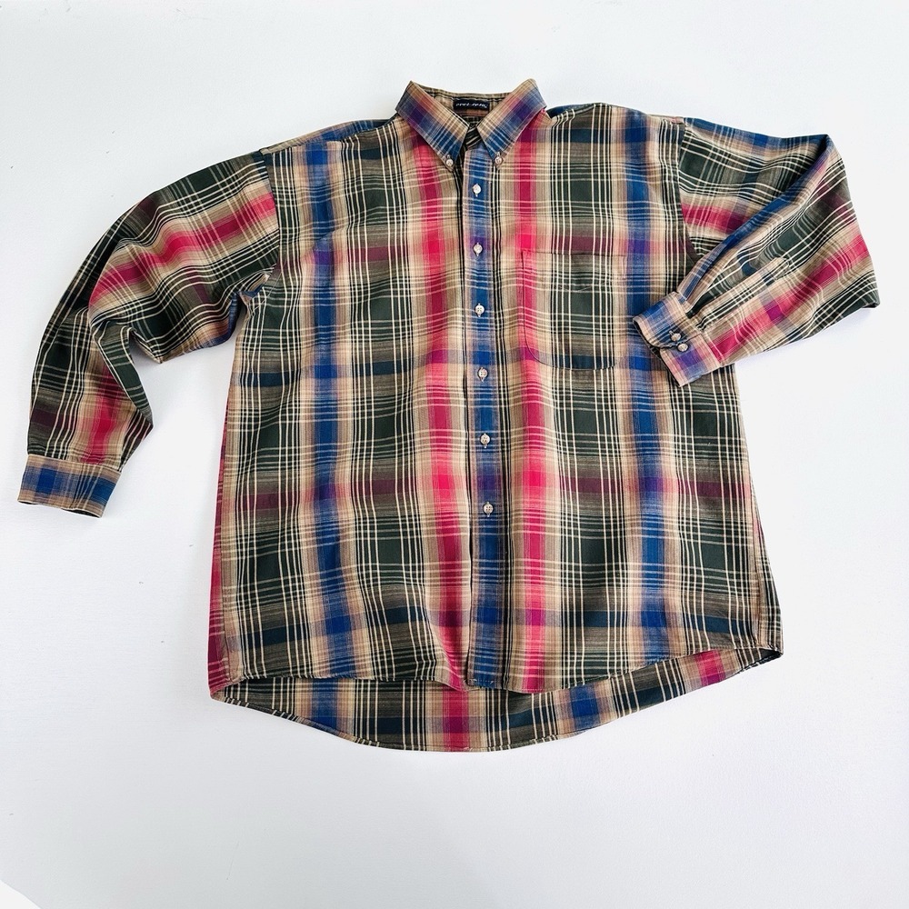 417 by Van Heusen Men's Gree/Red Plaid  Shirt Size L cotton Ling Sleeve‎